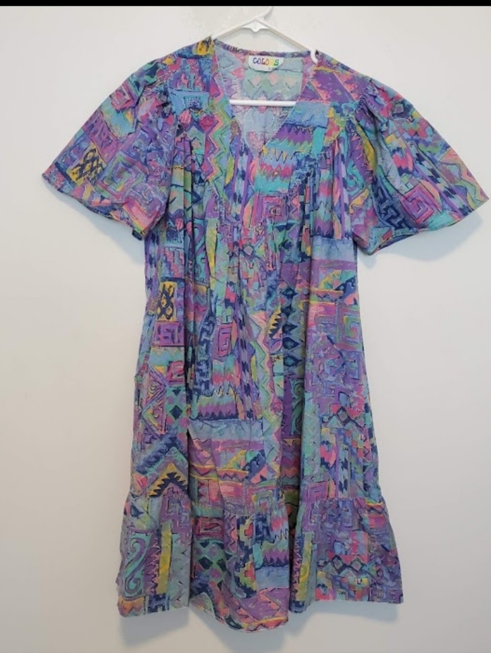 VTG Colors by APPEL Sz L House Dress Multicolor Southwest Aztec Ruffled Hem Mumu